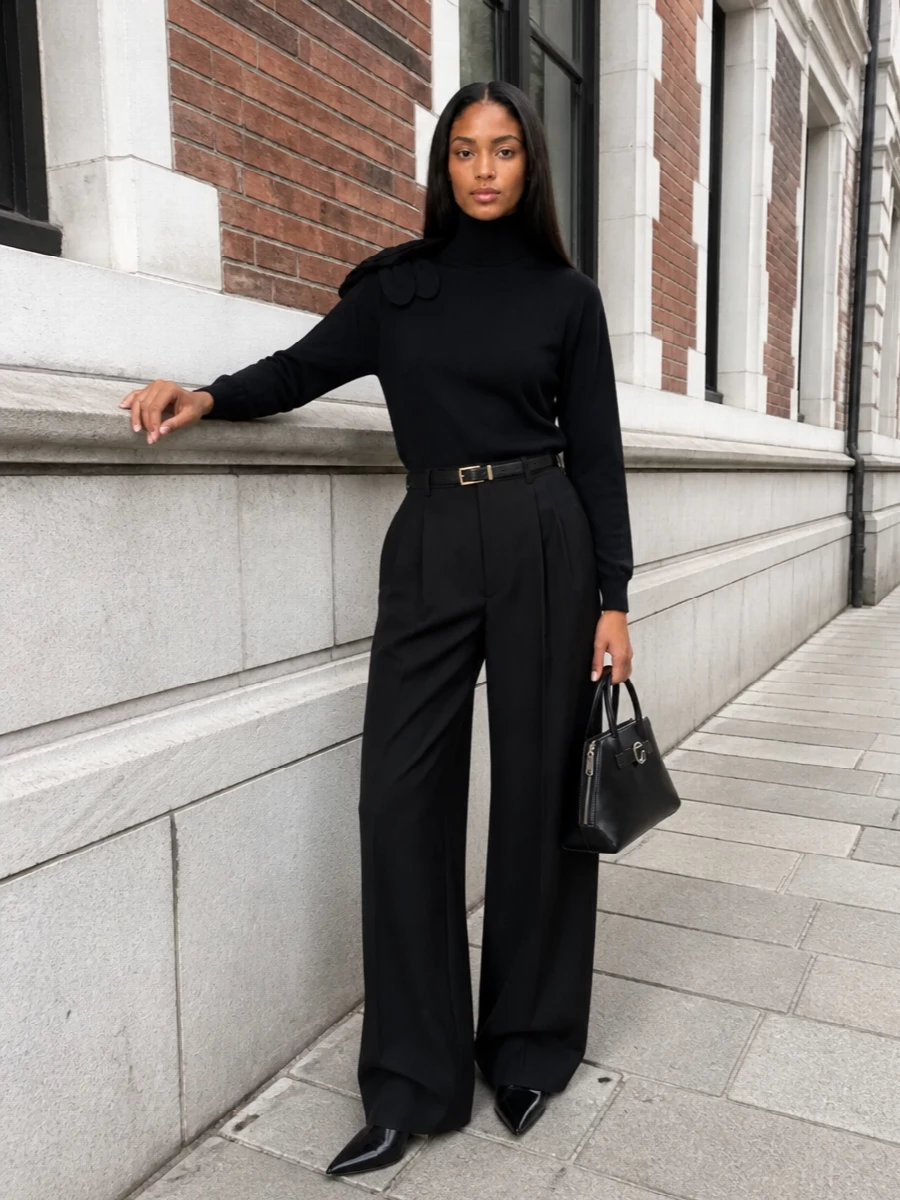 Moschino wide leg trousers black turtleneck outfit