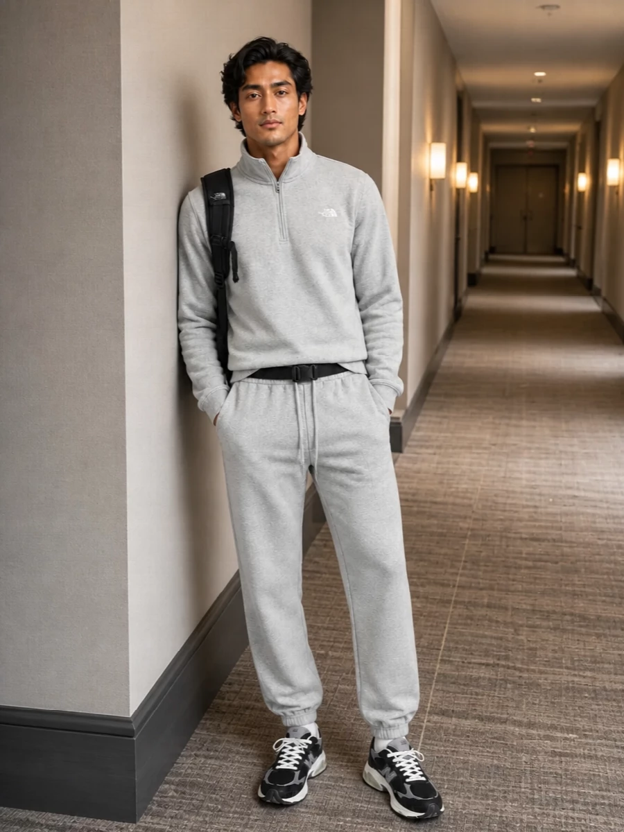 North face grey joggers quarter zip new balance sneakers