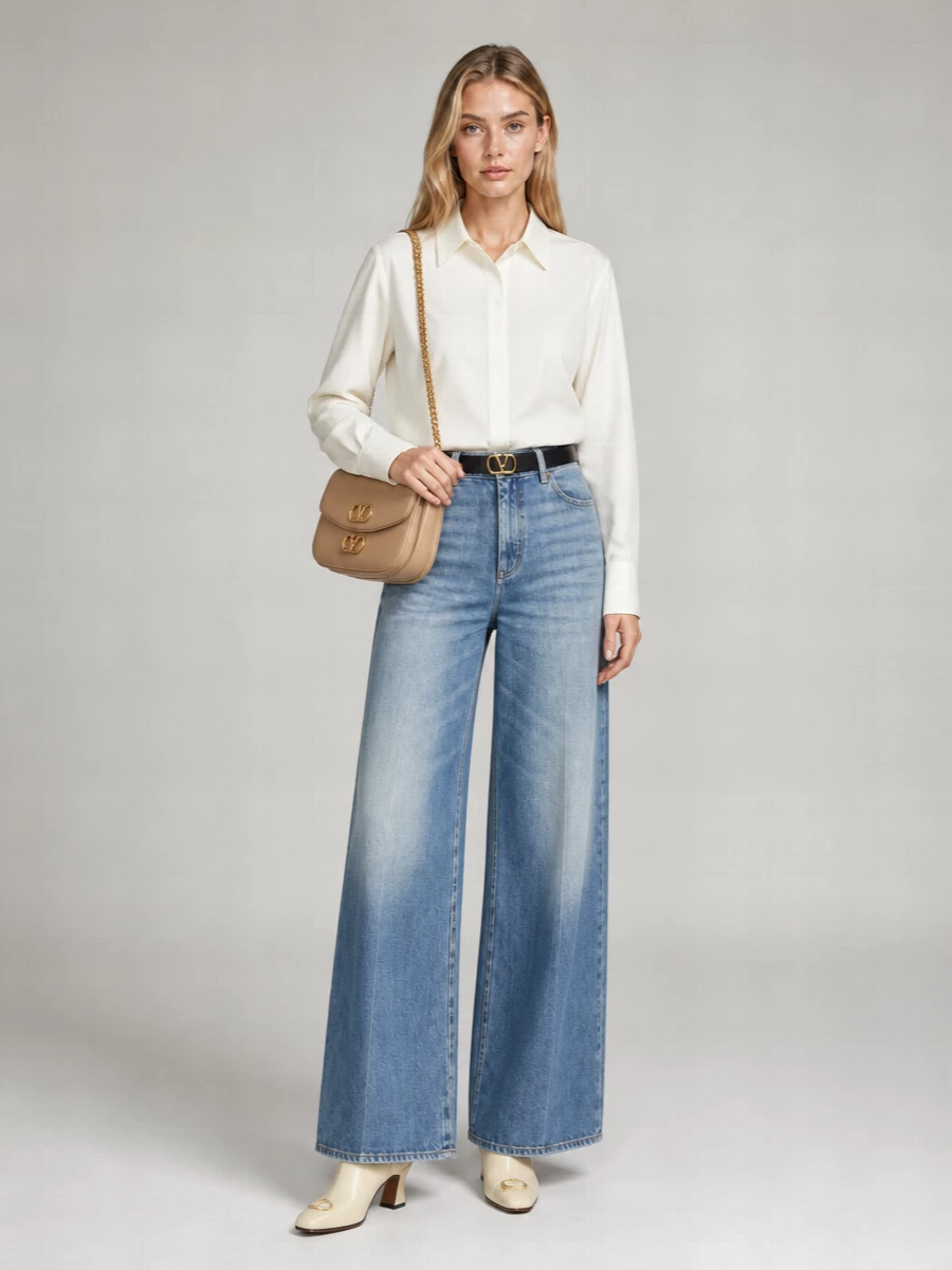 Soft indigo wide-leg denim is grounded with an ivory shirt and a slim black belt for a clean, modern take on relaxed tailoring. Cream ankle boots and a nude-beige flap bag keep the palette light and refined, letting the elongated proportions feel intentional rather than casual. It is an easy city uniform that moves gracefully from coffee catch-ups to low-key dinners.