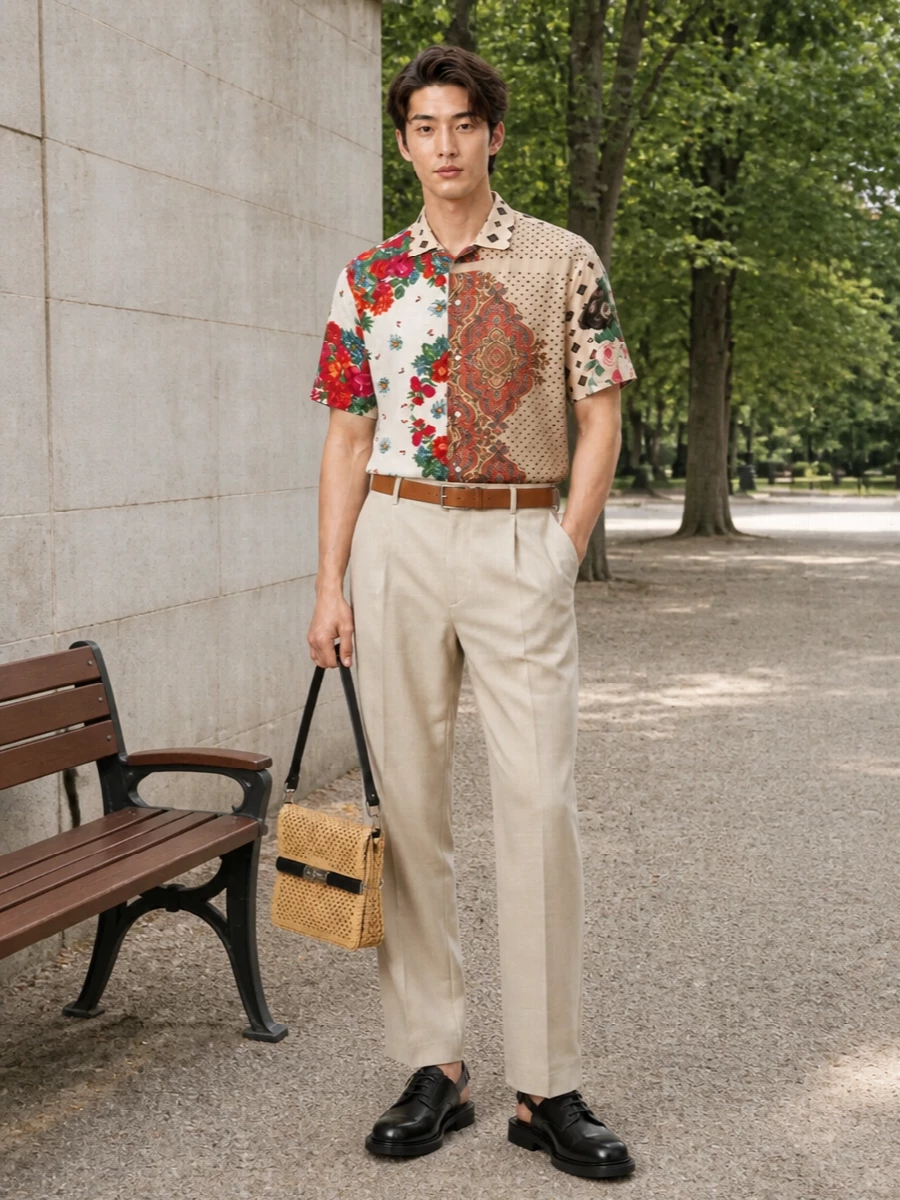 Moschino floral shirt beige trousers outfit