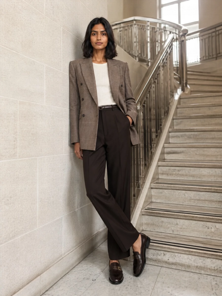 A taupe checked blazer sits over deep chocolate tailoring for a warm, minimal take on modern suiting. The straight-leg trouser, matching leather accessories and subtle belt keep the proportions long and precise, ideal from desk to dinner. Rich browns replace classic black, giving the whole ensemble a softer, more considered edge while staying sharply polished.