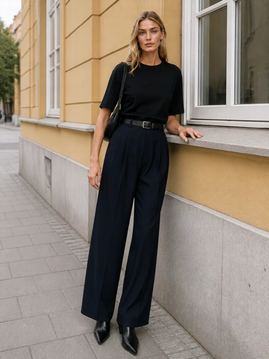 Rohe black boxy tee navy wide leg trousers