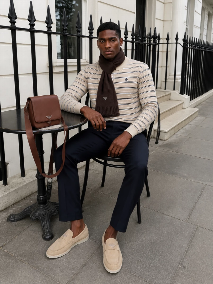 Prada striped polo navy trousers suede loafers