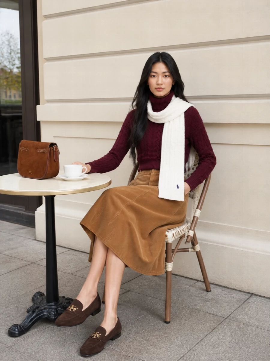 Deep burgundy and caramel corduroy create a warm, collegiate pairing that feels relaxed yet considered. The high-waisted midi and cropped knit define the waist cleanly, while soft suede loafers and a tactile shoulder bag keep the outfit grounded and practical for full days. A winter white cable scarf lifts the rich tones, adding light and quiet structure around the neckline.