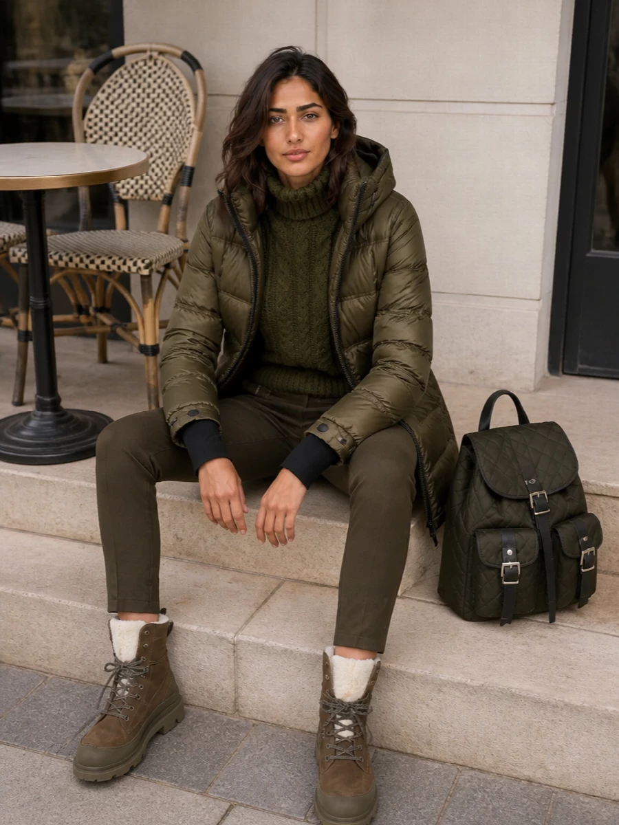 Moncler grenoble olive parka ski pants outfit