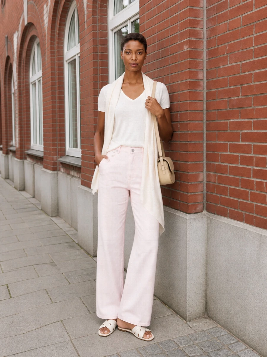 Dondup blush wide leg trousers ivory tee outfit