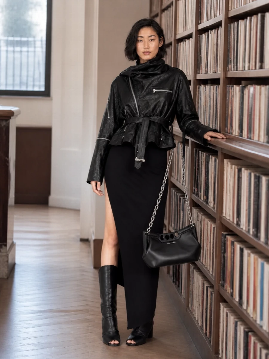 Rick owens leather jacket black gown outfit