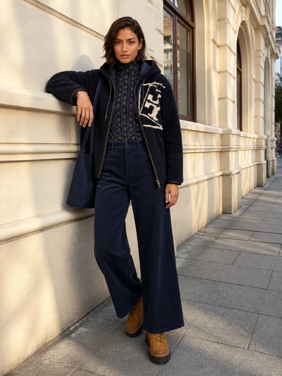 I’m building this entirely around the coat’s graphic, cosy-sport energy, so separates feel more natural than a dress. The fitted printed mock-neck and wide-leg navy corduroy give you a clean column under all that fleece, while the hiking boots and structured navy tote underline a polished, city-ready take on outdoorsy prep. The result is warm, graphic and easy to wear from weekend errands to casual office days without feeling over-thought.