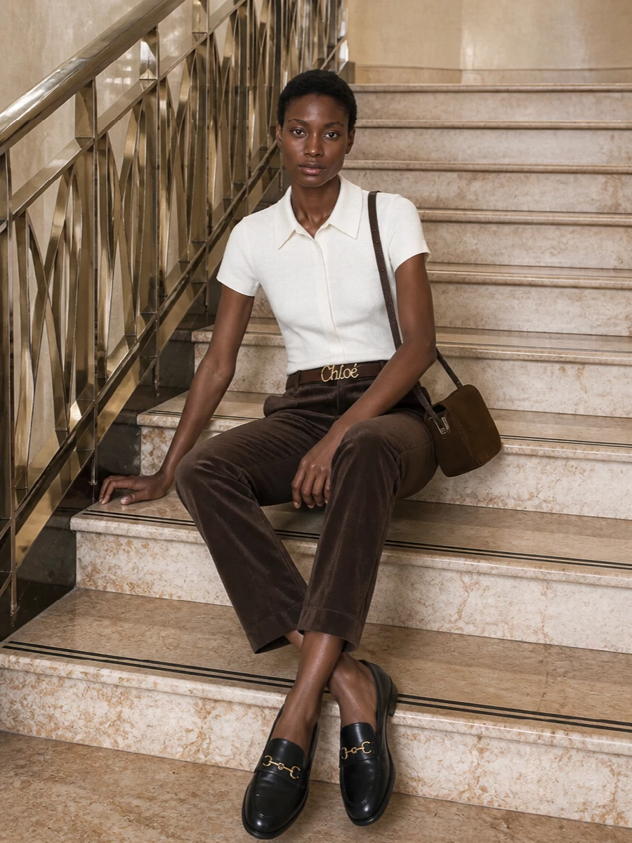 Gucci brown trousers ivory shirt outfit