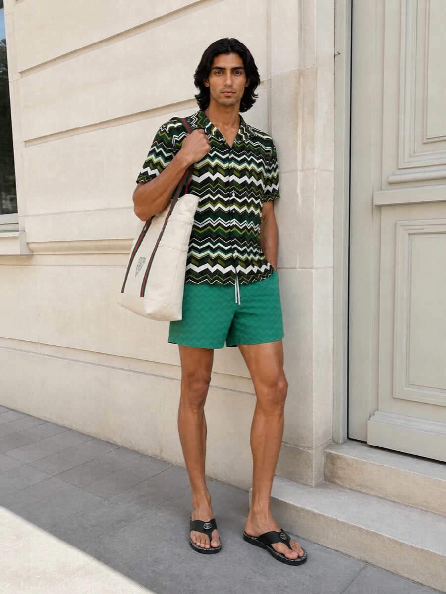 Sea green chevron swim shorts sit under a forest toned Missoni camp shirt, giving a tight, graphic take on pattern that still feels relaxed. Black Gucci thong slides and a cream Gucci canvas tote keep the palette grounded and practical, so the zigzags stay sharp rather than loud. It is an easy poolside-to-beach-bar combination with a clear Italian resort attitude and clean lines from head to toe.
