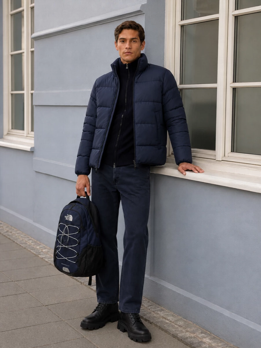 Woolrich navy puffer carhartt pants moncler boots