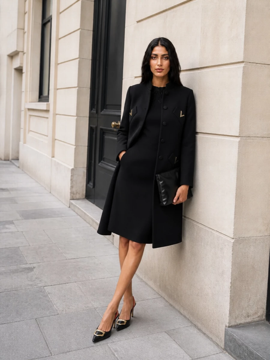 Valentino black evening coat sheath dress outfit