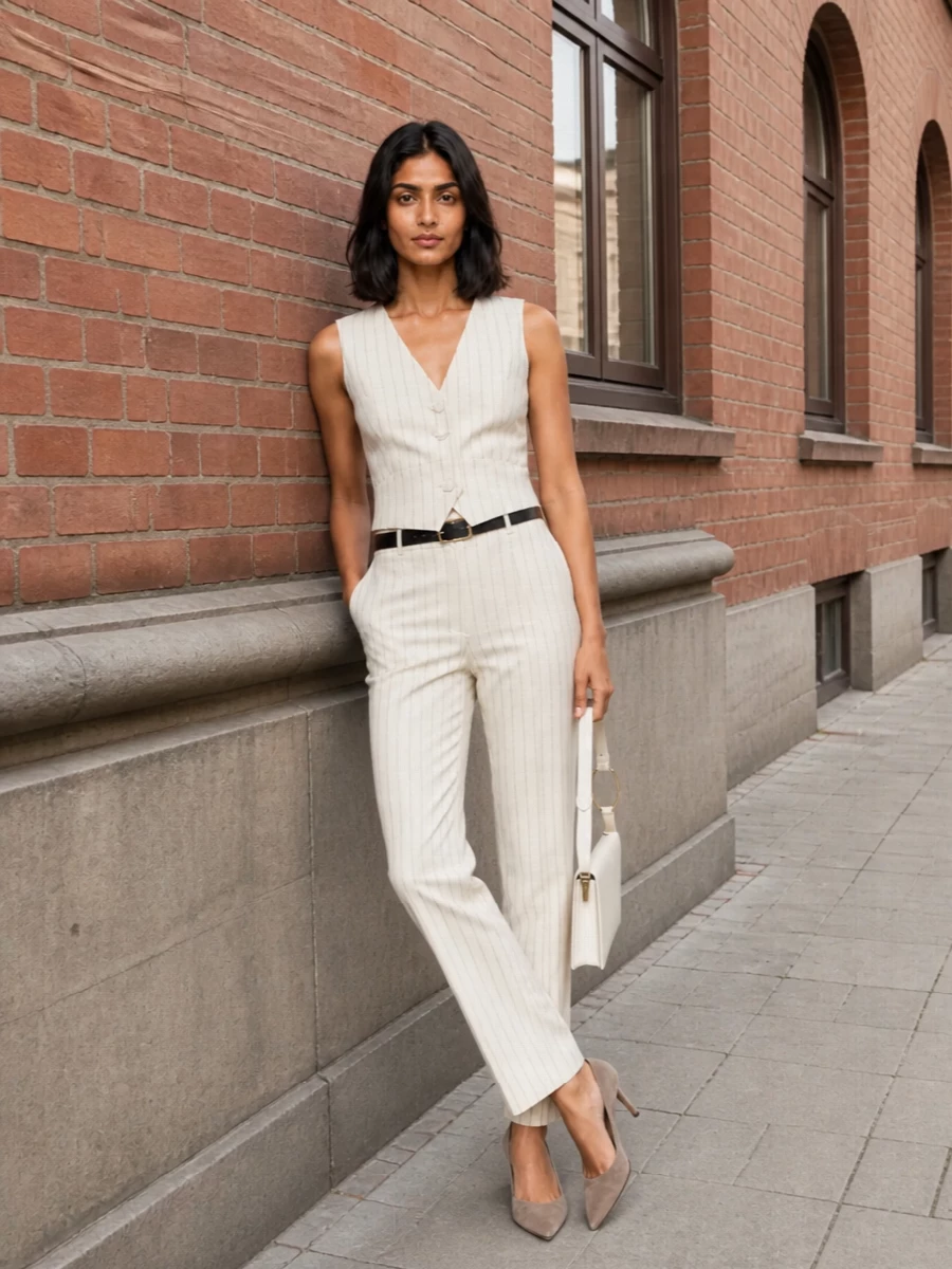 Dondup cream pinstripe suit ivory waistcoat