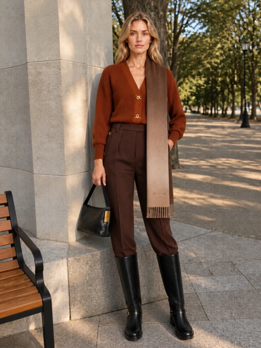 Elisabetta franchi rust cardigan tailored trousers