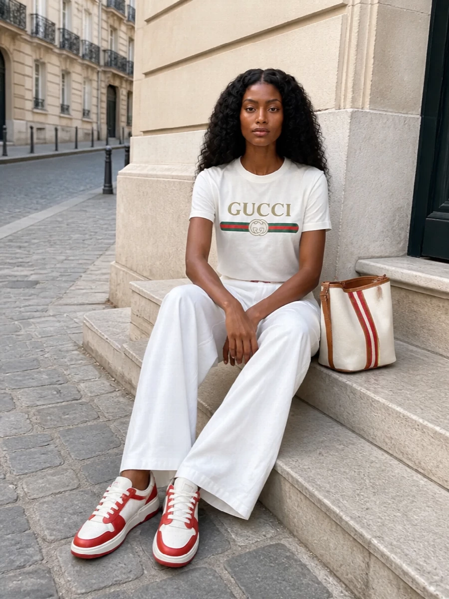 Gucci’s logo tee meets high-volume Dsquared2 track pants for a clean, sport-driven take on off-duty dressing. Red, cream and sand run through tee, sneakers and tote so the volume feels intentional rather than casual. The result is a relaxed, athletic silhouette that still reads distinctly luxe and city-ready.