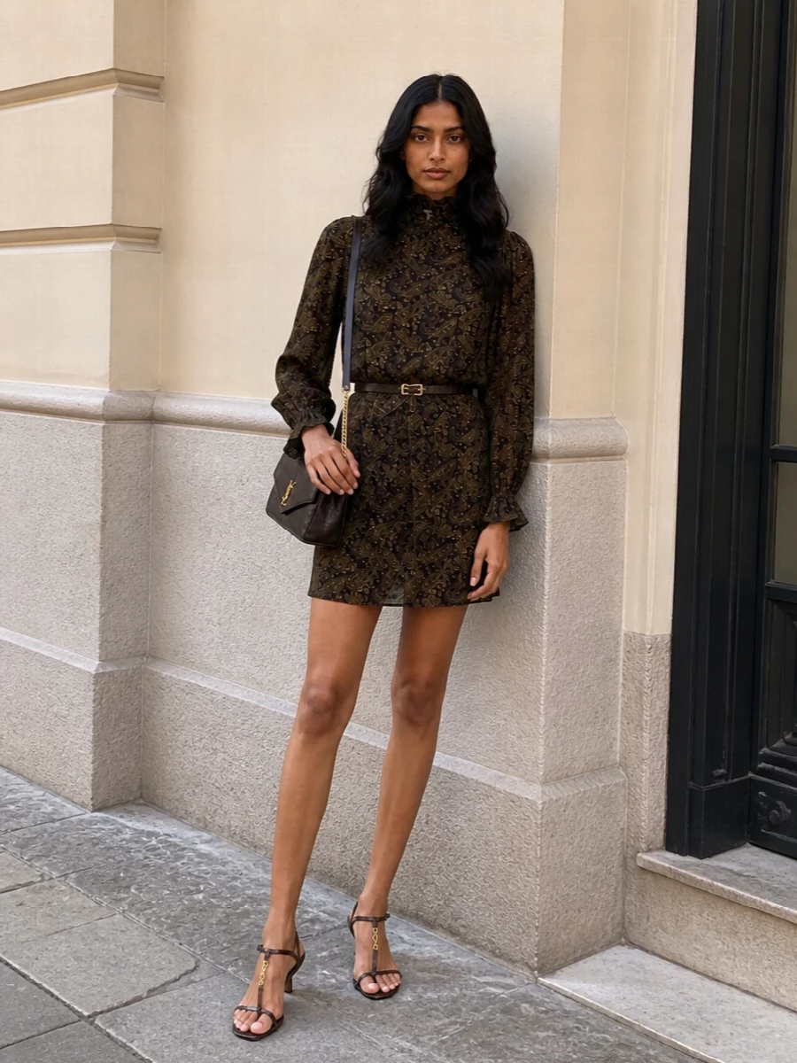 A Saint Laurent paisley mini in deep espresso tones is grounded with dark chocolate and gold accents for a quietly opulent take on cocktail dressing. A slim leather belt sharpens the waist, while a brown monogram shoulder bag and low stiletto sandals keep the mood romantic, boho and late-night ready without feeling overdone.