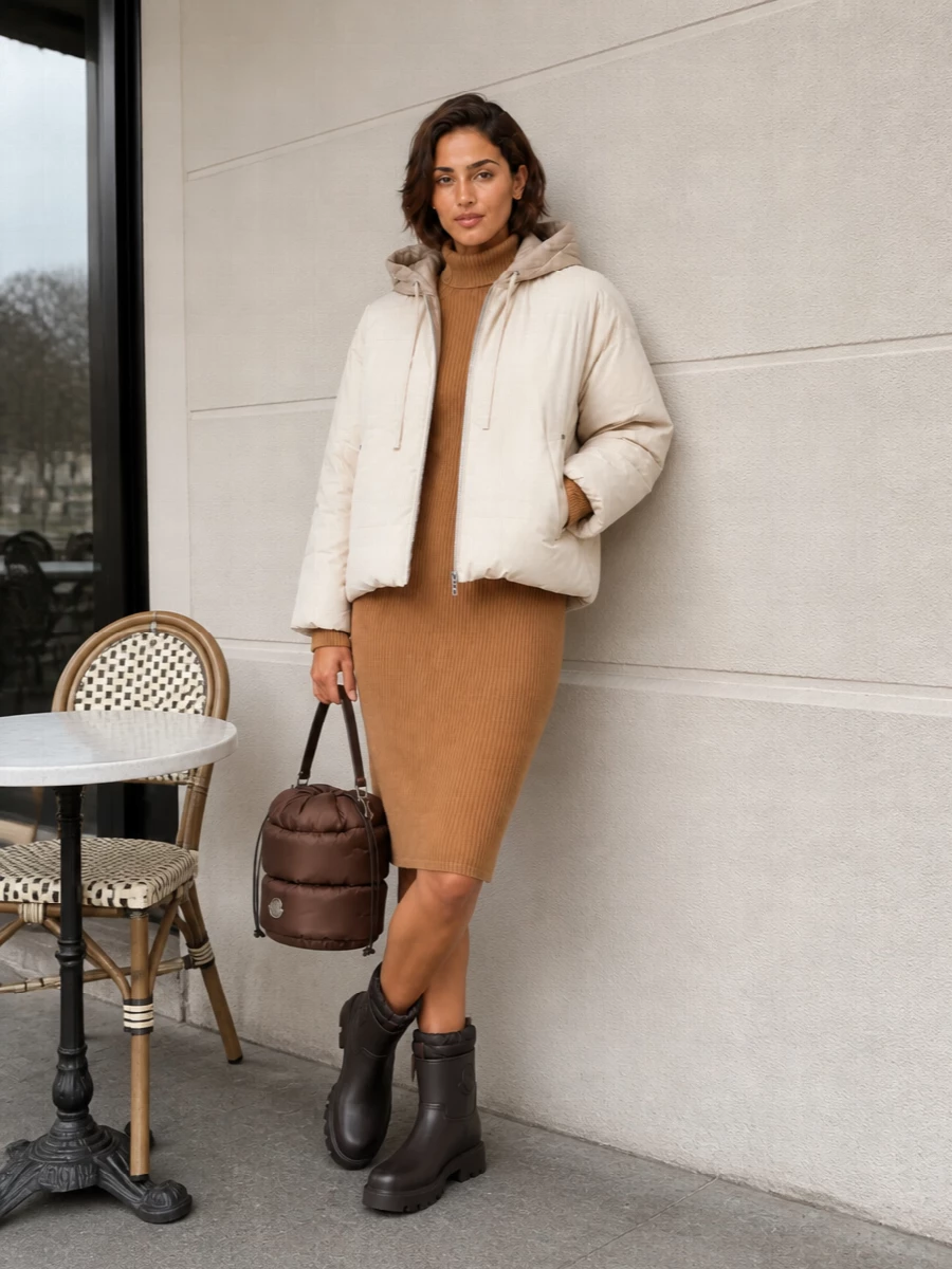 Max mara camel dress moncler puffer outfit