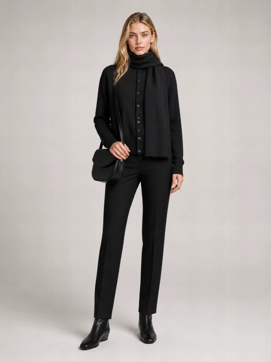 Extreme Cashmere’s black crew cardigan is grounded by the matching tailored trouser, creating a calm, elongated column in pure minimalism. The Row’s sock boot and Jil Sander’s curved cross-body keep the silhouette razor clean, with subtle shifts in leather and knit texture doing all the work. A slim black scarf finishes the story in the same quietly luxurious register, ideal for days that move from desk to dinner without a change of pace.