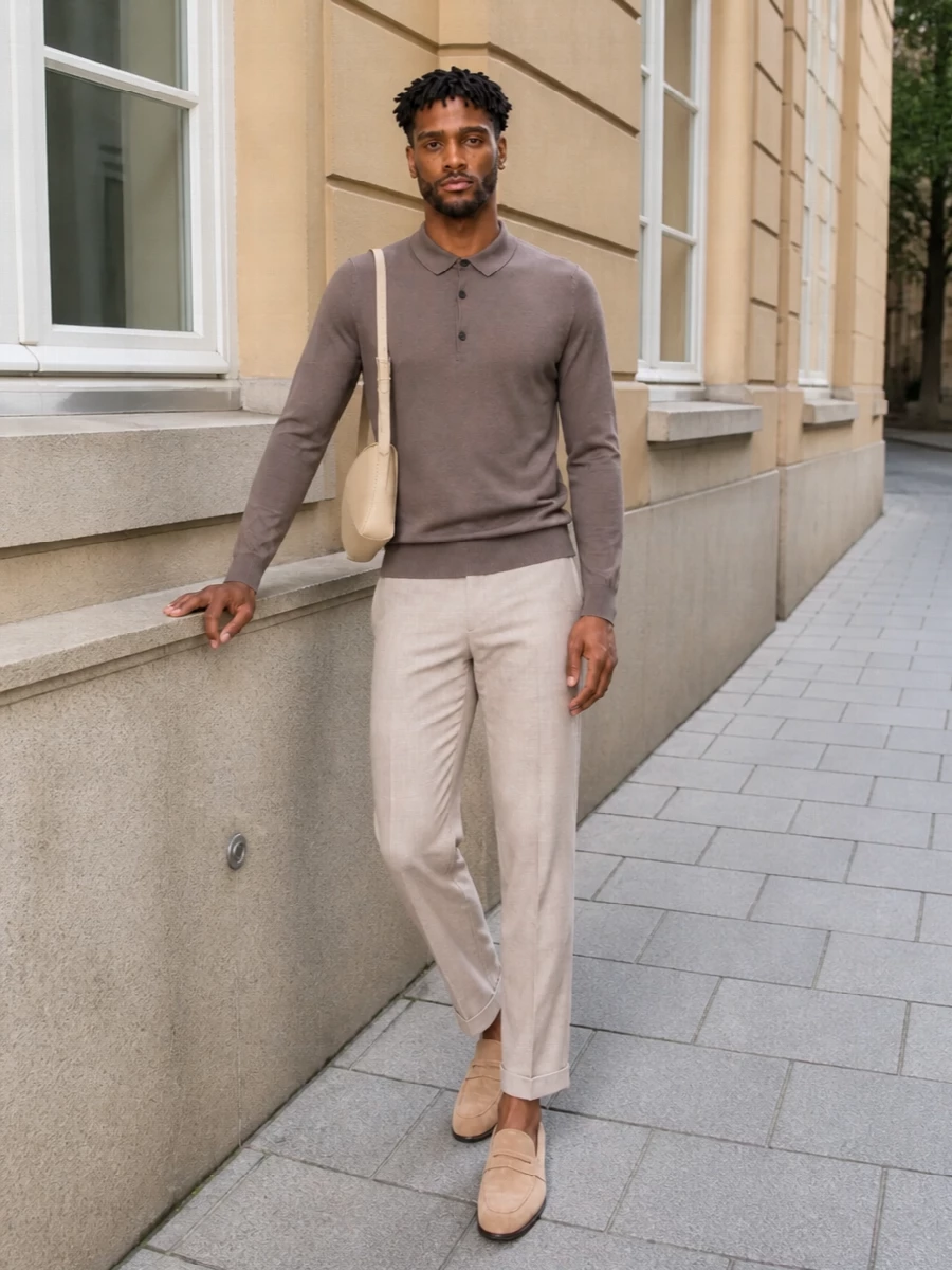 John smedley polo paul smith beige trousers outfit