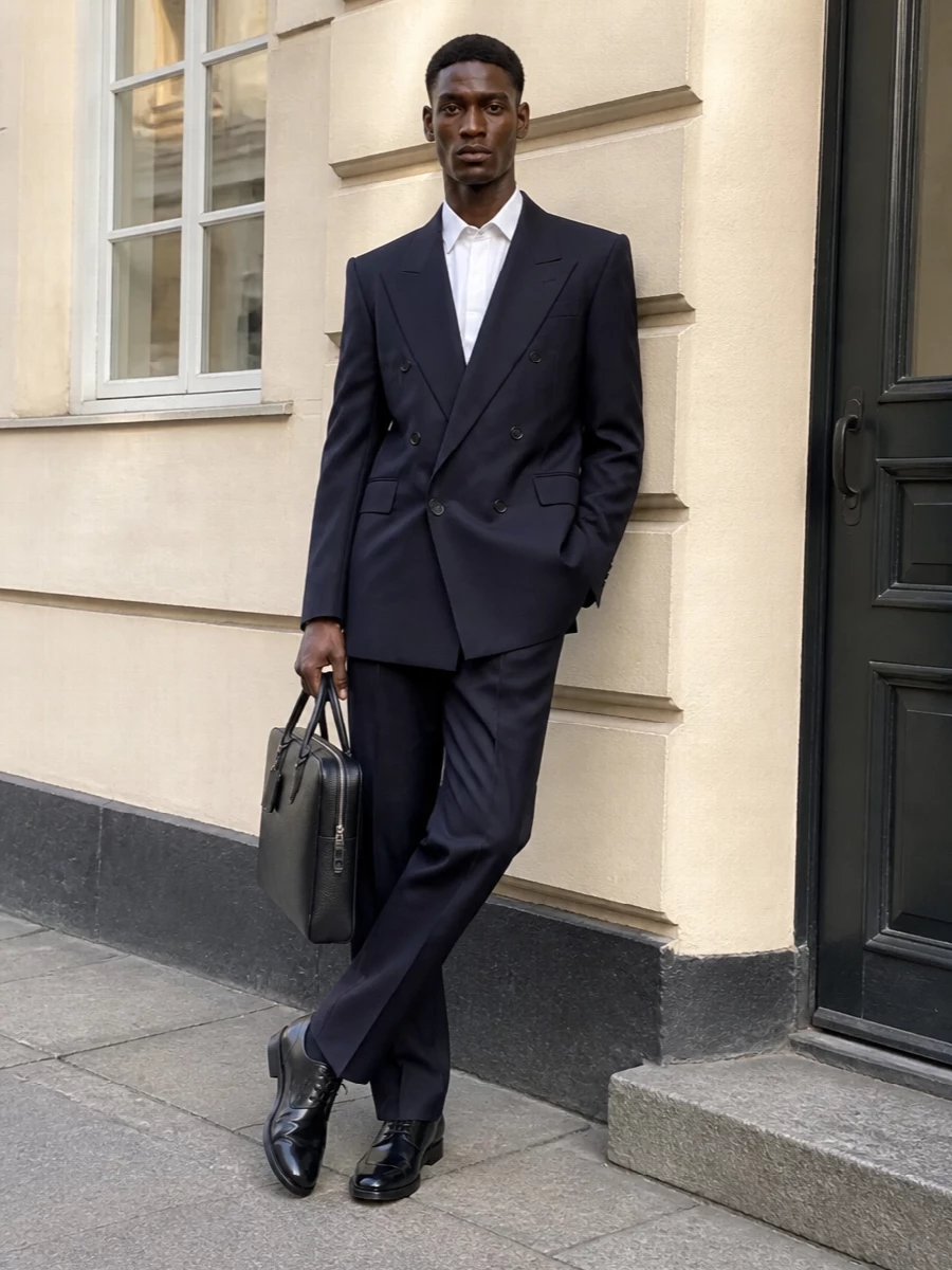 Junya watanabe navy blazer tuxedo shirt outfit