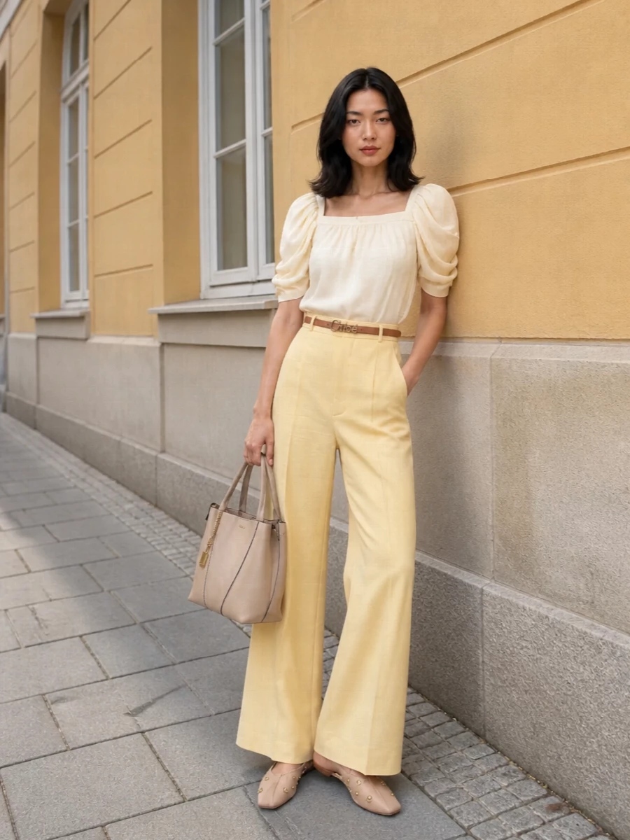 Soft buttercream and sunlit yellow create a single, elongated column, the flared trouser grounding the blouse’s sculpted puff sleeve with easy poise. Blush and tan accessories keep the mood gentle and romantic, while a slim logo belt quietly sharpens the waist for polished daytime or early-evening plans.