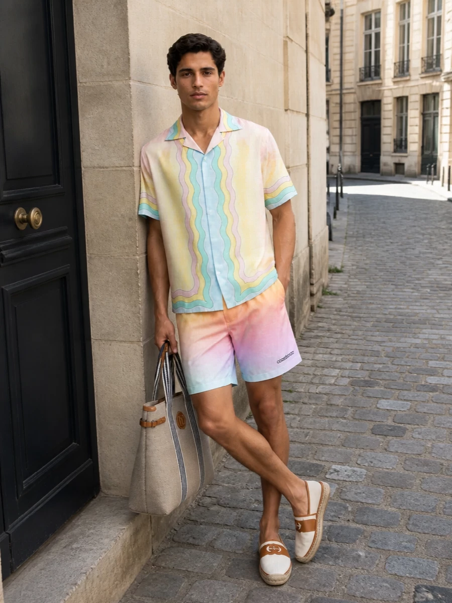 The look leans fully into Casablanca’s Riviera dreamscape with the pastel wave camp shirt paired to the matching-feel sunrise-gradient swim short, creating a romantic, preppy set that feels intentional and softly graphic rather than loud. Off-white Gucci espadrilles and a structured Valentino canvas tote keep the mood polished yet easy, grounding the colour play in quiet-luxury textures that read perfect for poolside lunches and sunset city strolls alike.