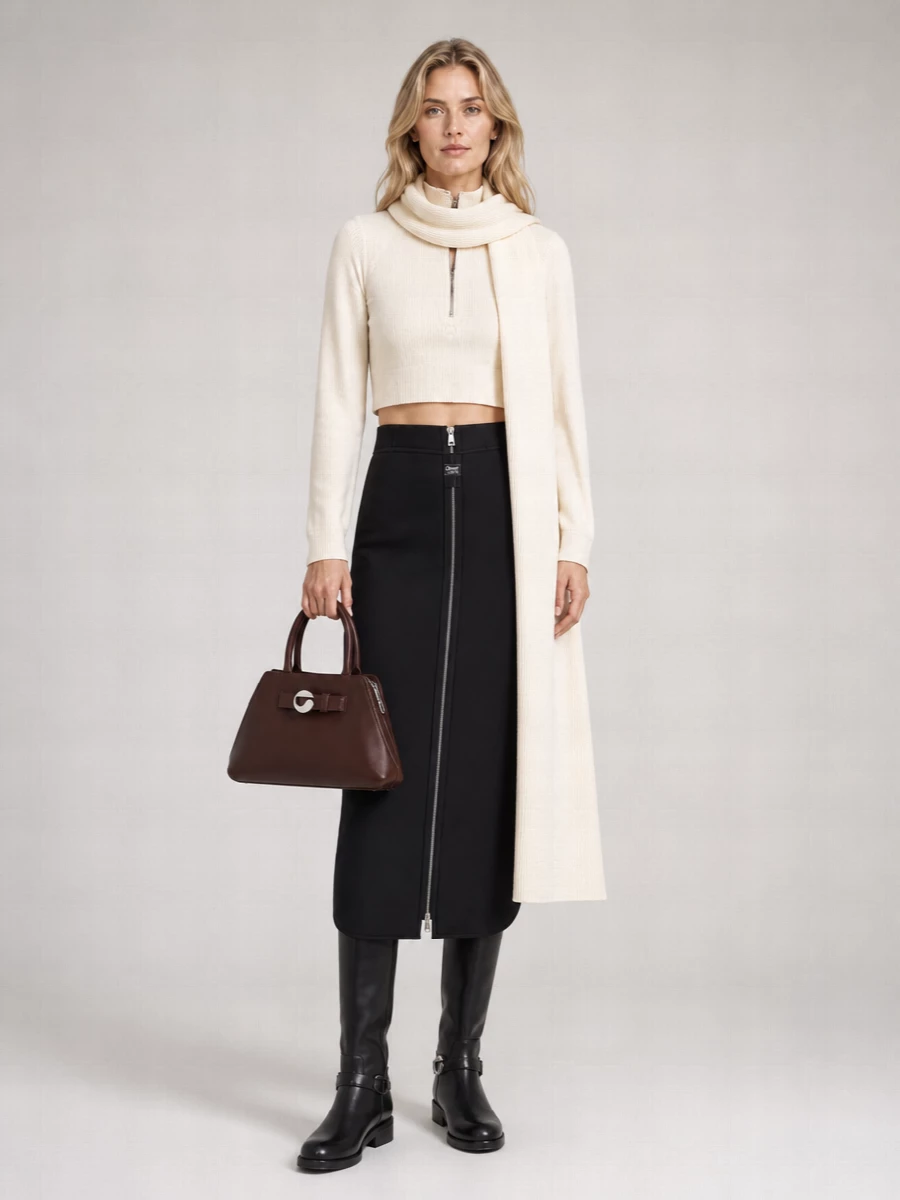 Cream and black stay quiet but decisive here, the cropped half zip meeting a sculpted midi skirt and knee-high boots for a minimalist take on modern city dressing. The long line of the skirt and boot grounds the shorter knit, while the chocolate mini bag and ivory scarf add just enough warmth and texture to keep the neutrals interesting. It feels relaxed in attitude yet put-together enough for a full day that runs into night.