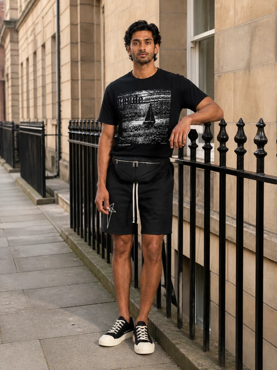 Rhude graphic tee black shorts rick owens sneakers