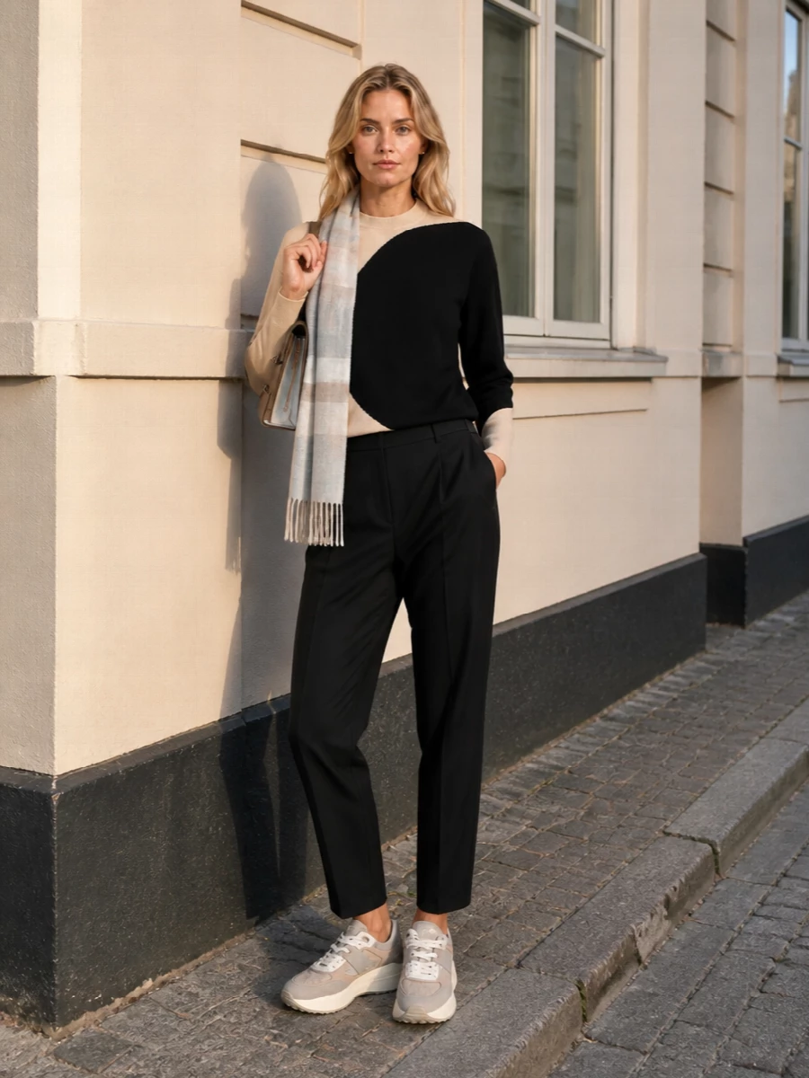 Tory burch sweater black tailored trousers outfit