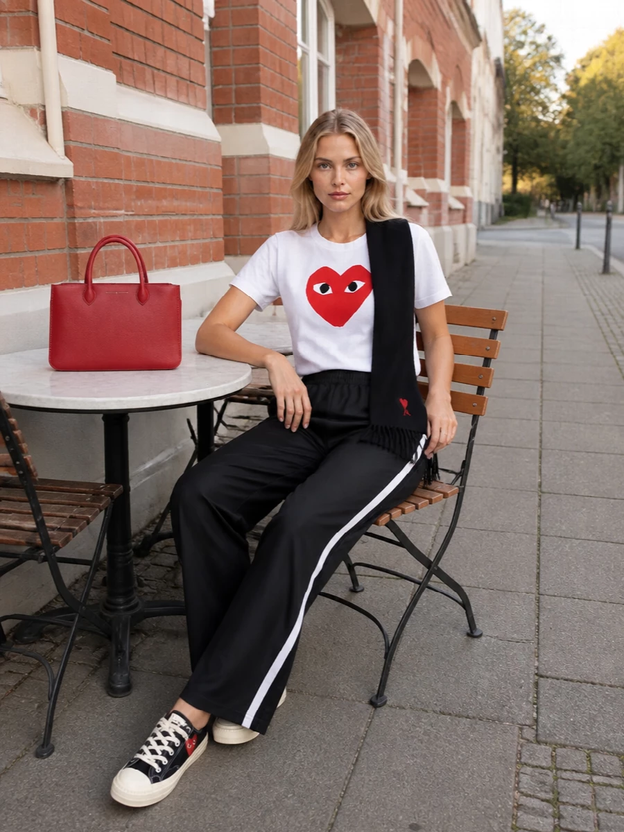 Comme des garcons play tee adidas track pants