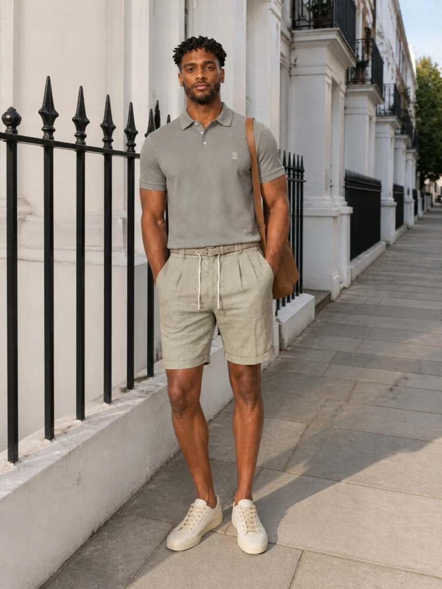 Stone-grey piqué on top with softly pleated stone shorts creates a calm, tonal base that feels relaxed yet considered for warm days. Sand-accented sneakers and a taupe braided belt keep everything in the same muted register, while the tan shoulder bag adds just enough warmth to read intentional rather than plain. It is an easy, quietly polished way to do neutrals when you want comfort and composure in equal measure.