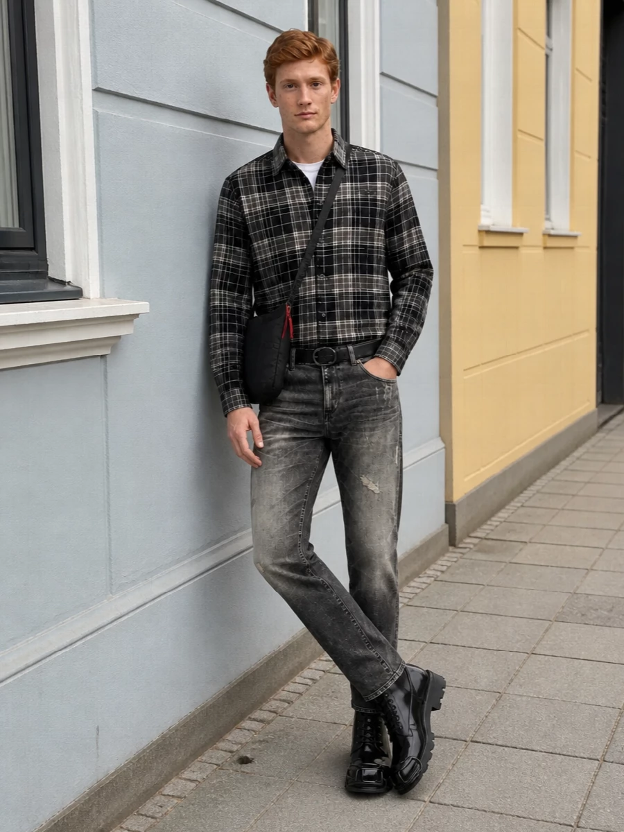 Diesel checked shirt grey jeans combat boots