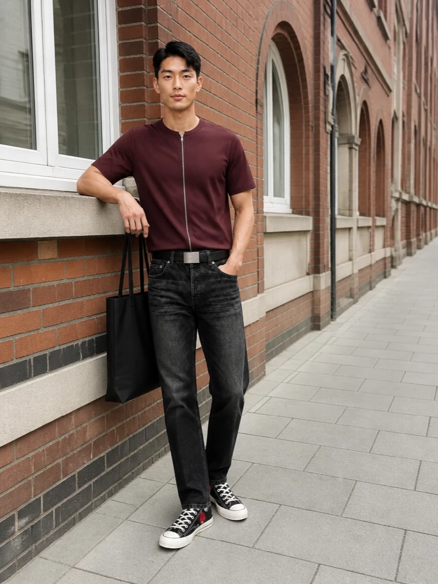 Deep burgundy and washed black do the work here, a tight, minimal palette built around sharp metal hardware. The straight-leg jeans sit clean over low-top canvas sneakers, keeping the profile easy but not sloppy. A graphic tote and discreet belt finish it with just enough structure for long city days without losing that relaxed Comme des Garçons edge.