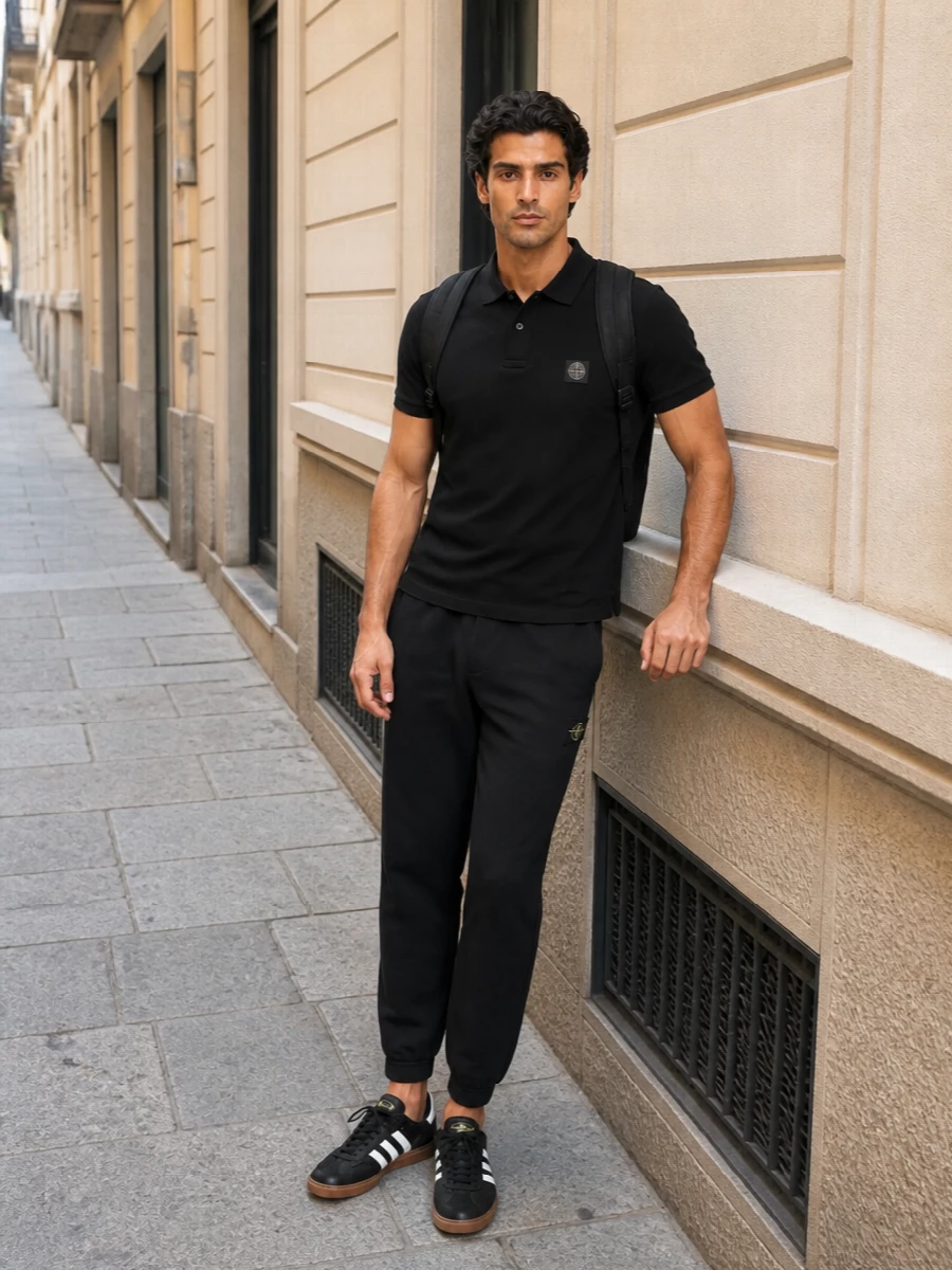 Stone island polo black joggers adidas sneakers