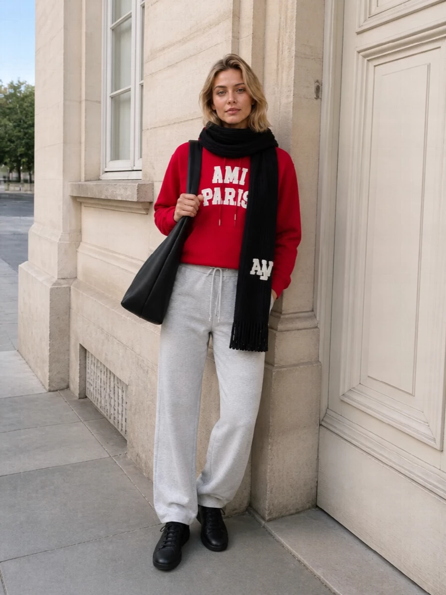 Ami paris red hoodie grey sweatpants outfit