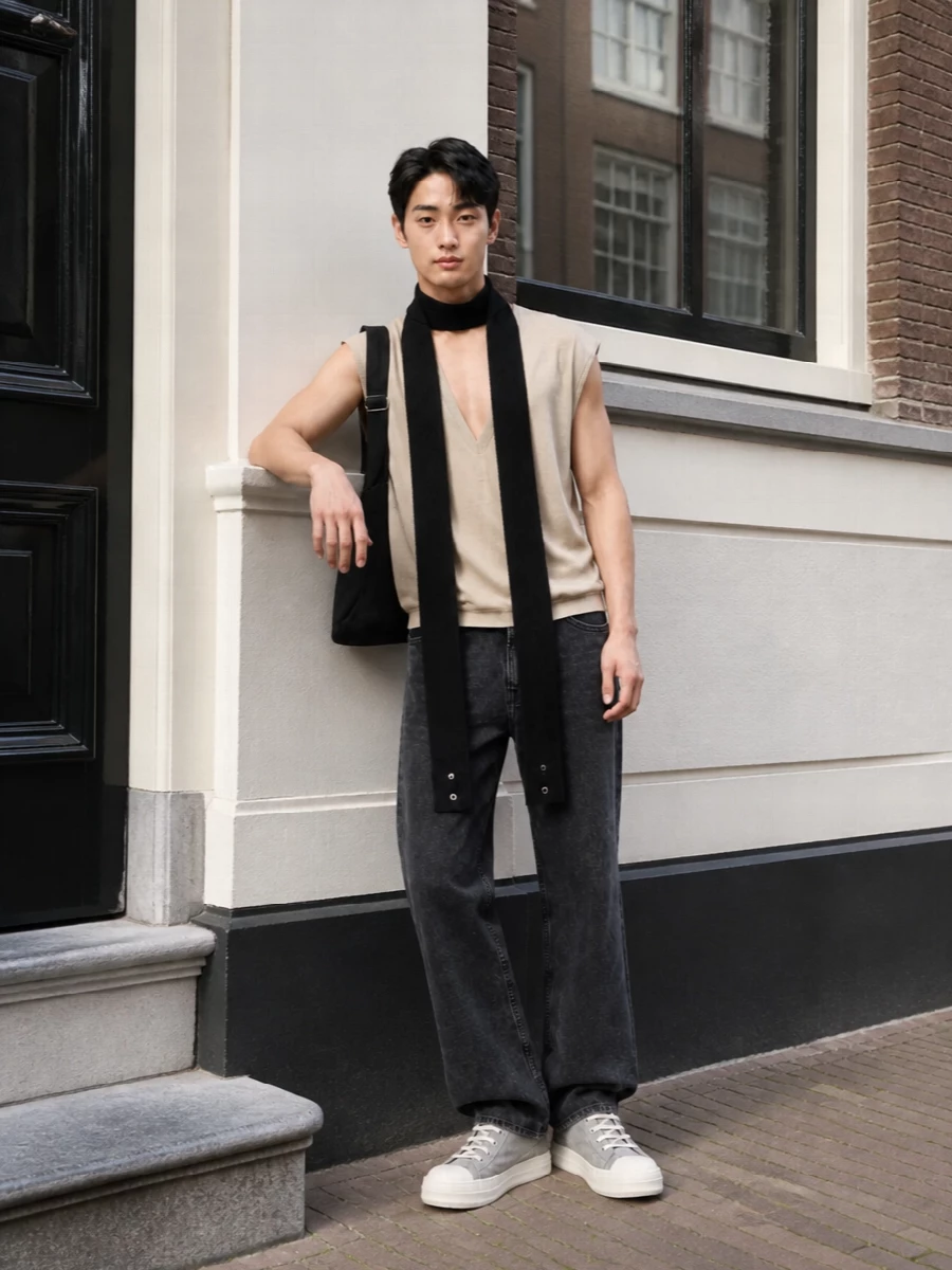 Rick owens sleeveless top straight jeans outfit