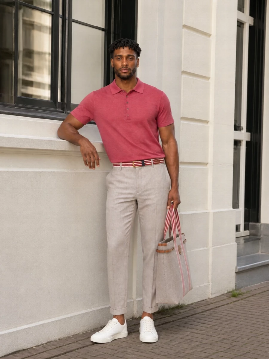 A dusty red polo sits against pale beige tailoring for a clean, sunlit palette that feels smart without tipping into office mode. Off-white Prada sneakers keep the line light and modern, while the striped belt and canvas tote quietly repeat the warm reds and tans for a cohesive, Riviera-preppy finish. It is an easy uniform for city days that roll into dinner on the terrace.
