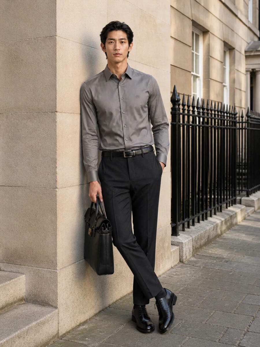 Etro charcoal trousers grey shirt black derbies
