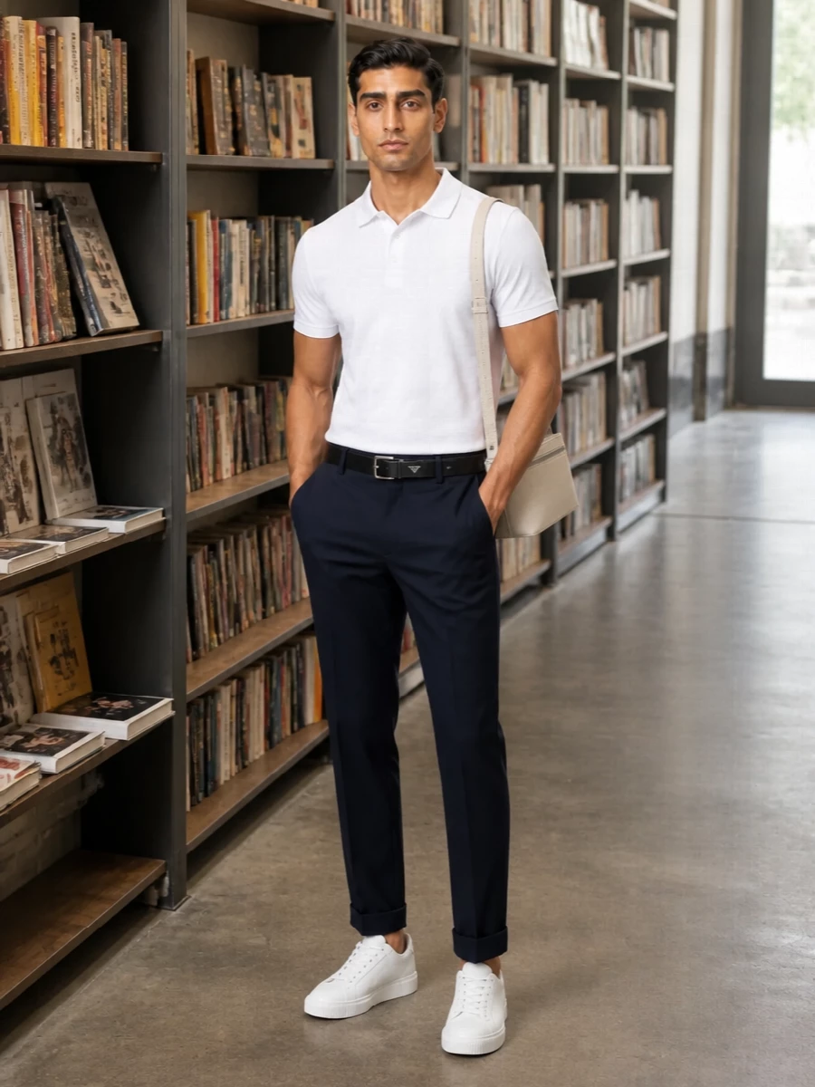 A crisp white Balmain polo meets deep navy pleated trousers for a quietly precise take on warm-weather tailoring. Off-white sneakers and a cream crossbody keep the palette light and cohesive, while a slim black belt sharpens the waist without breaking the calm lines.