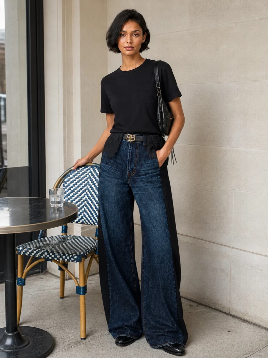 A high-rise hybrid jean anchors a sharp, monochrome story, paired with a subtly sheer-backed black tee that echoes Sacai’s splice and keeps the line clean. Sculptural ankle boots and a cinched waist streamline the volume, while a compact biker-inflected shoulder bag and logo belt add just enough hardware for a city finish without diluting the tailored edge.