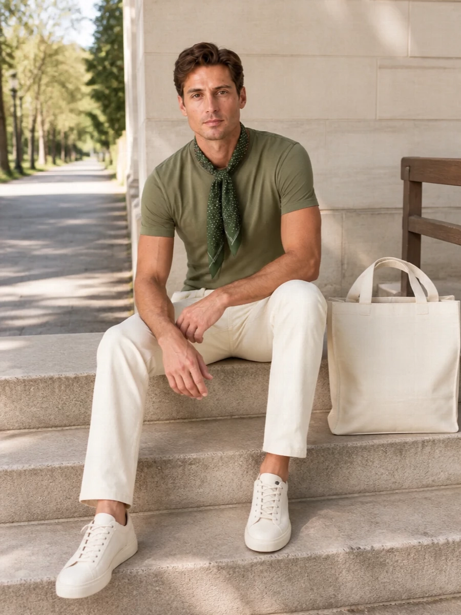 Olive and ivory are kept calmly in balance here, with the tee grounded by straight-leg five-pocket trousers that feel crisp but not showy. Off-white leather sneakers and a structured tote continue the light, quiet palette so the color story stays soft and intentional. The olive scarf ties everything together, adding just enough detail without disturbing the clean lines.