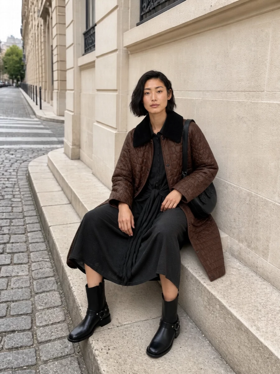 Ganni brown quilted coat charcoal shirt dress