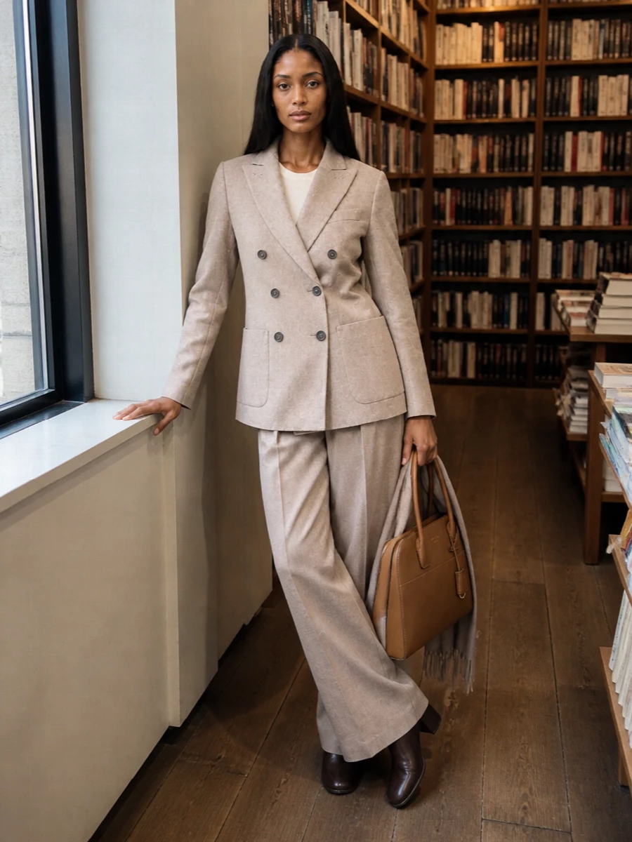 Max mara beige blazer wide leg trousers prada bag