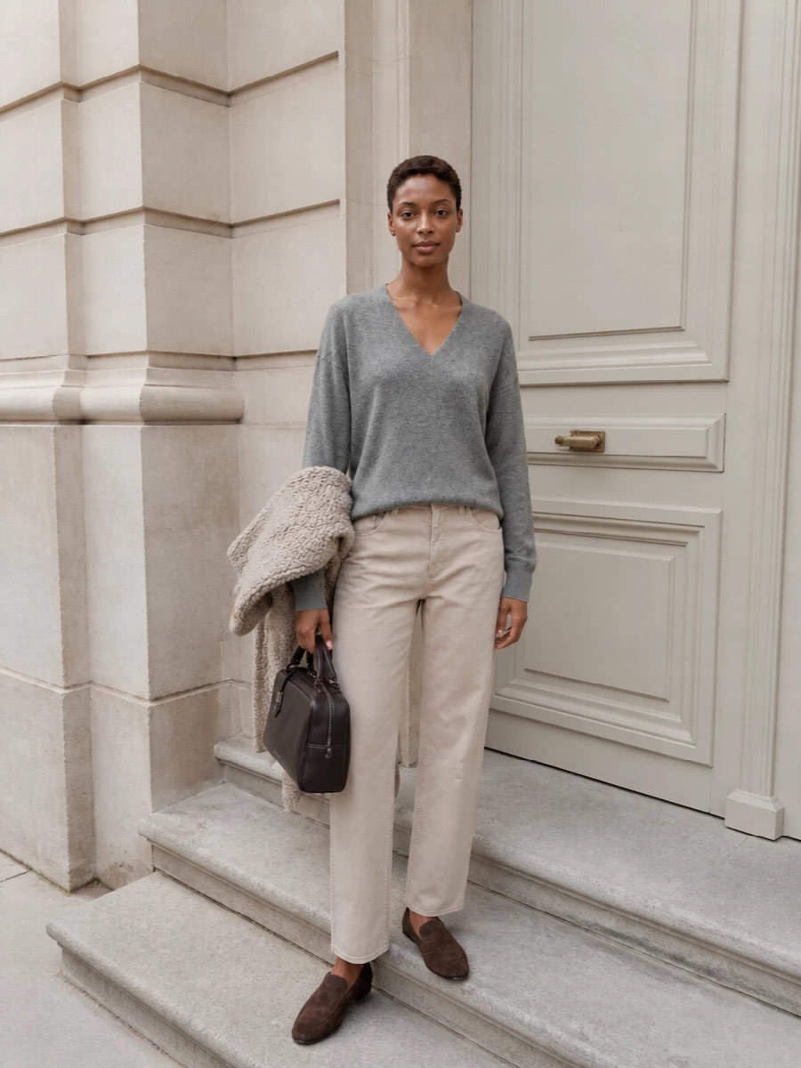 Brunello cucinelli grey sweater stone trousers