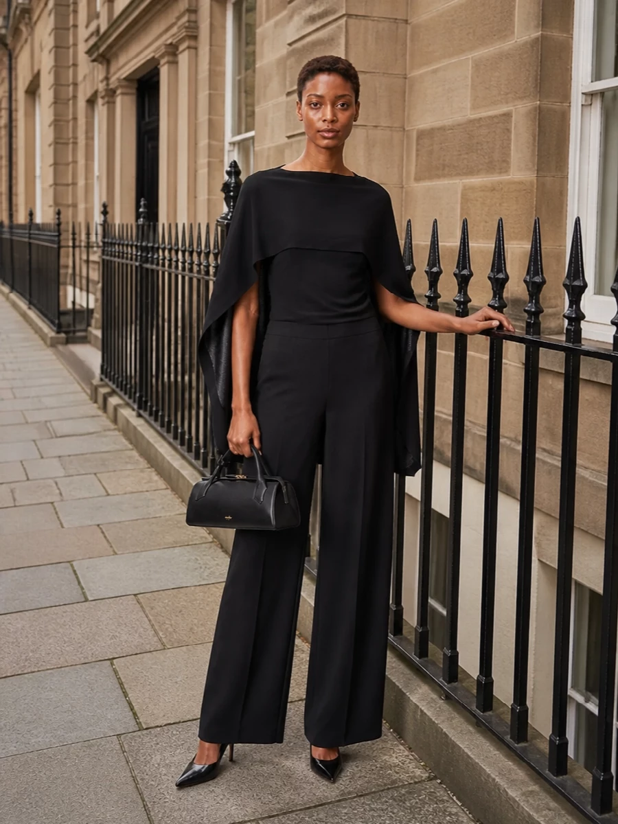Alberta ferretti cape top black wide leg pants