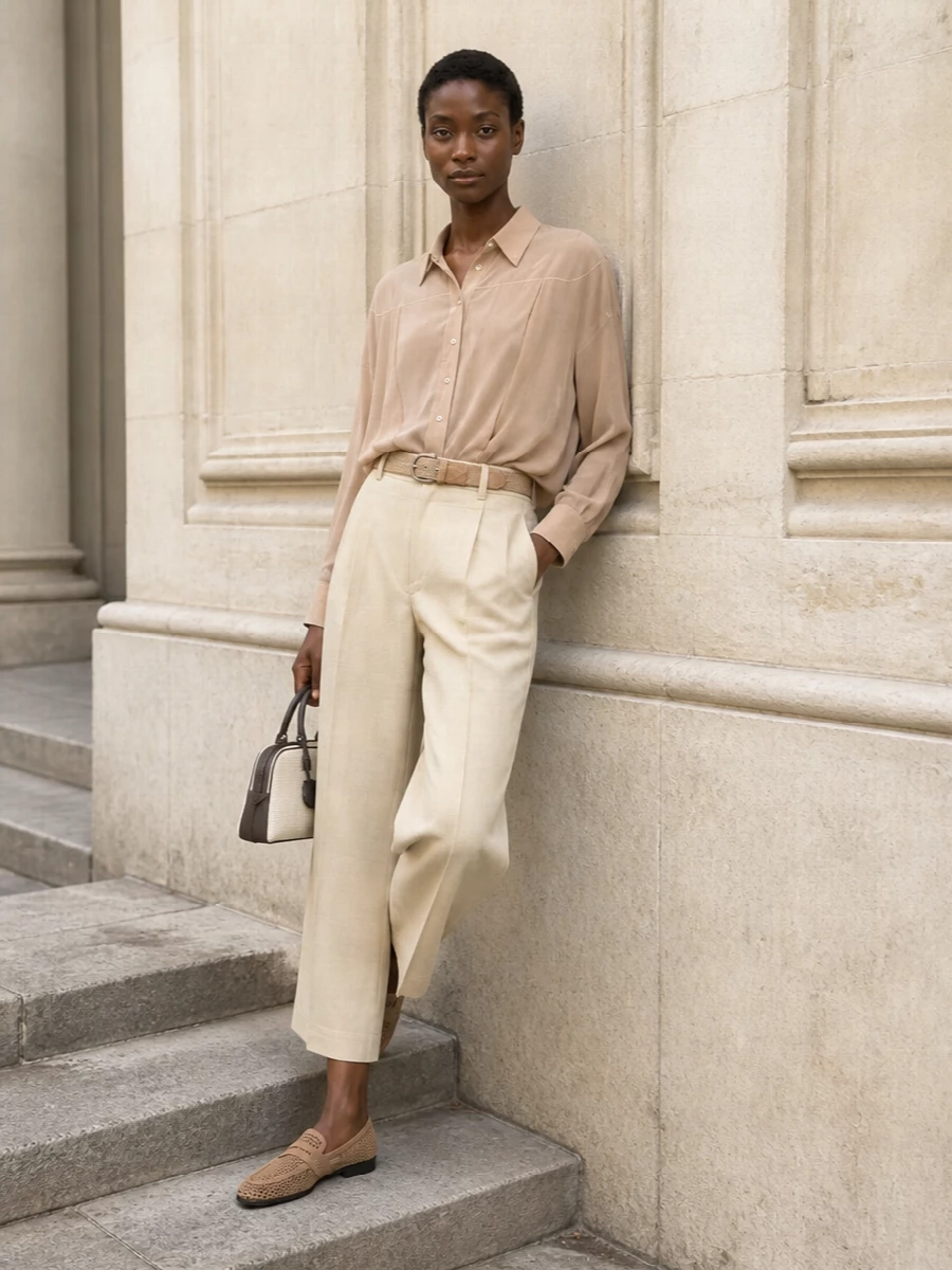 Neutral wide leg pants sheer shirt outfit
