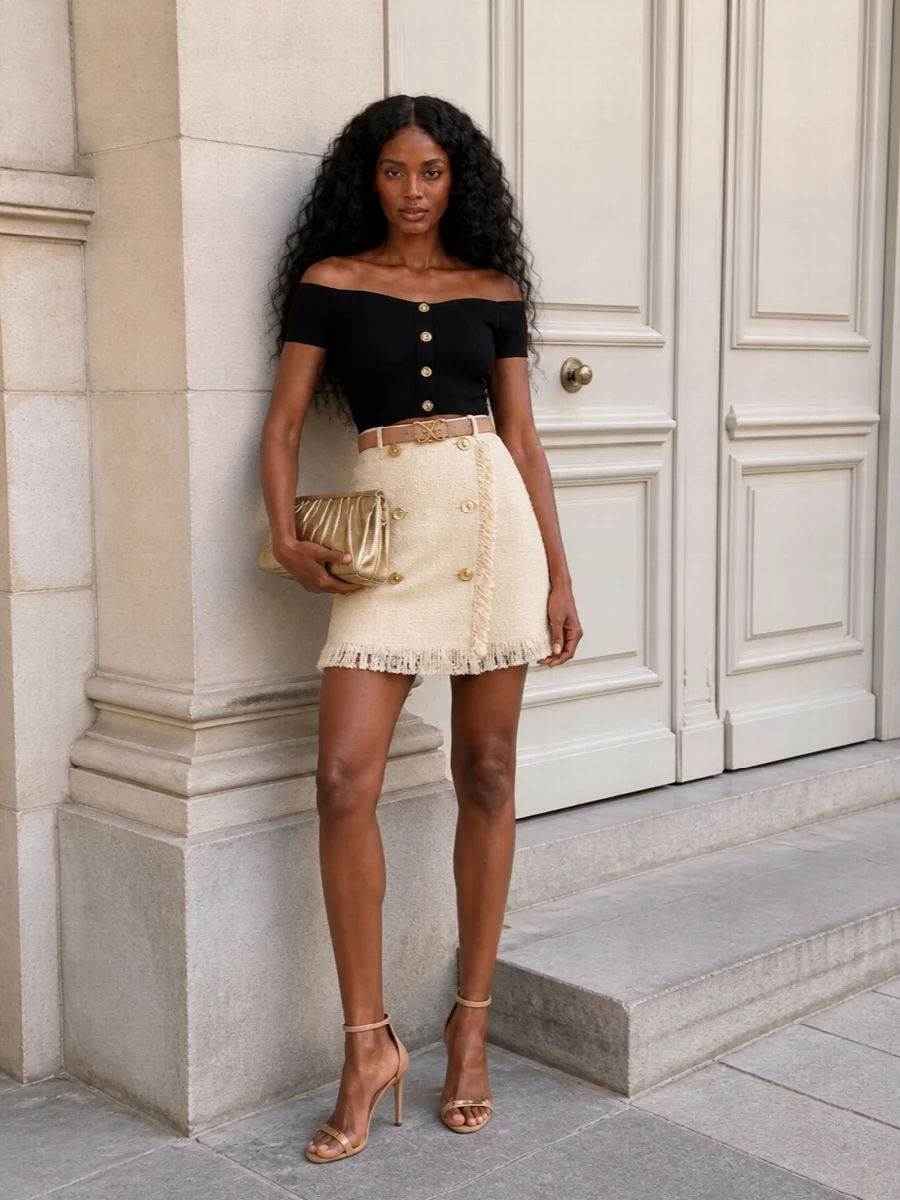 Elisabetta franchi black crop top cream tweed mini