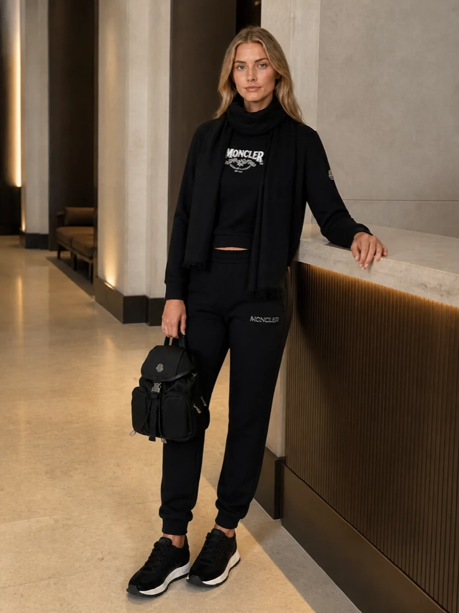 Moncler black sweatshirt jogger sneaker outfit