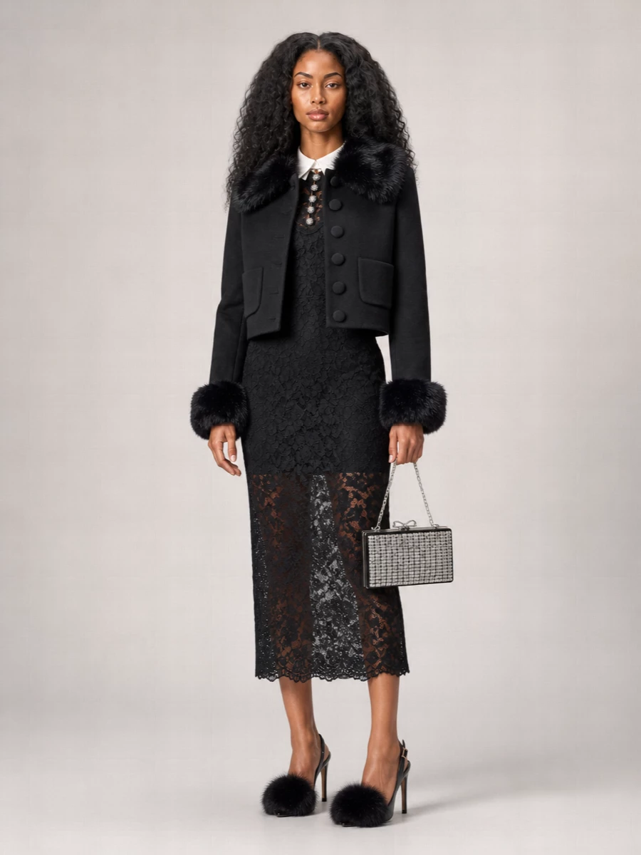 Self-Portrait faux fur trim wool short coat