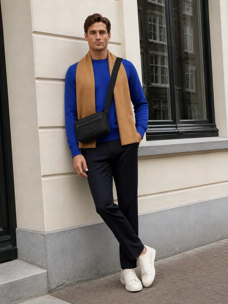 Cobalt and deep navy create a precise, tonal column that reads smart without feeling stiff. The ivory sneaker lightens everything just enough, while the black crossbody keeps the mood urban and controlled. The camel scarf threads in subtle warmth so the colour feels rich rather than stark for the season.